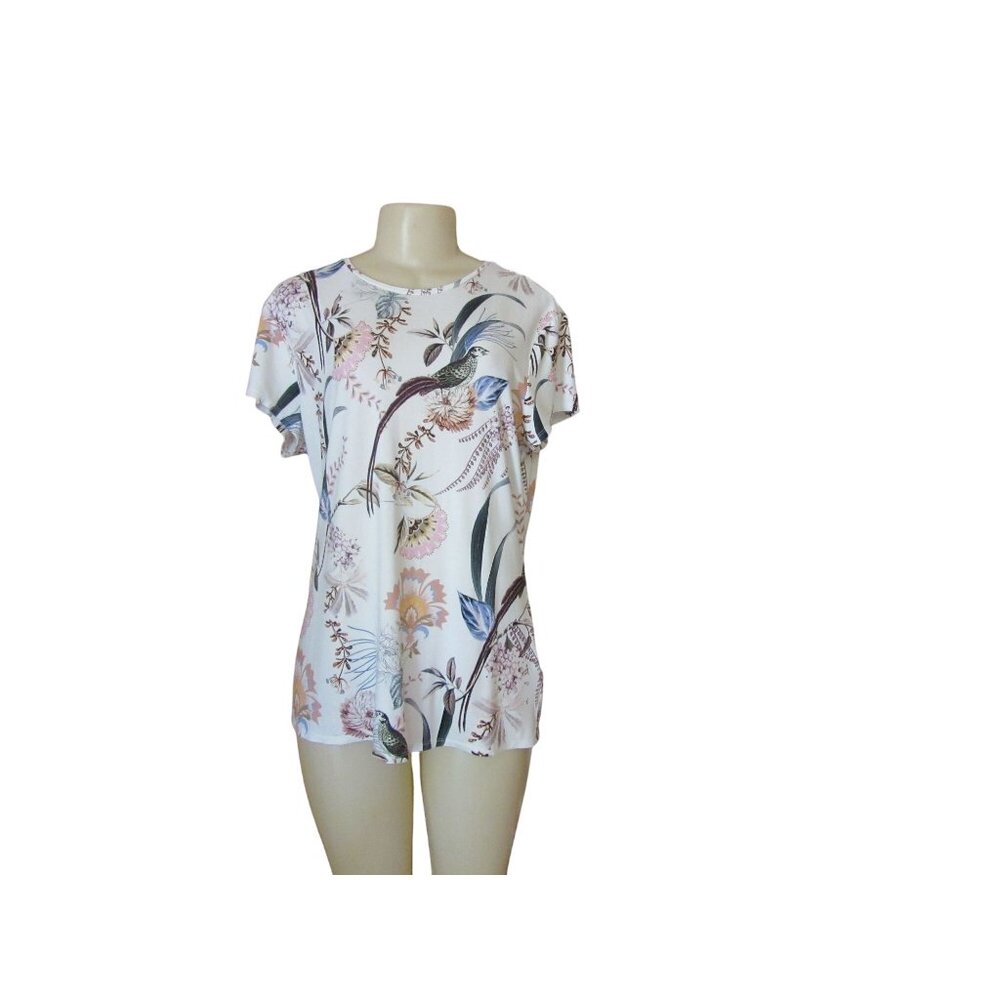 Ted Baker London Short Sleeve Fitted Blouse w Floral Birds Size Large